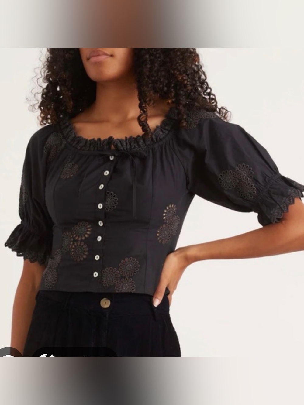 LoveShackFancy Eyelet Button-Front Puff Sleeve Top